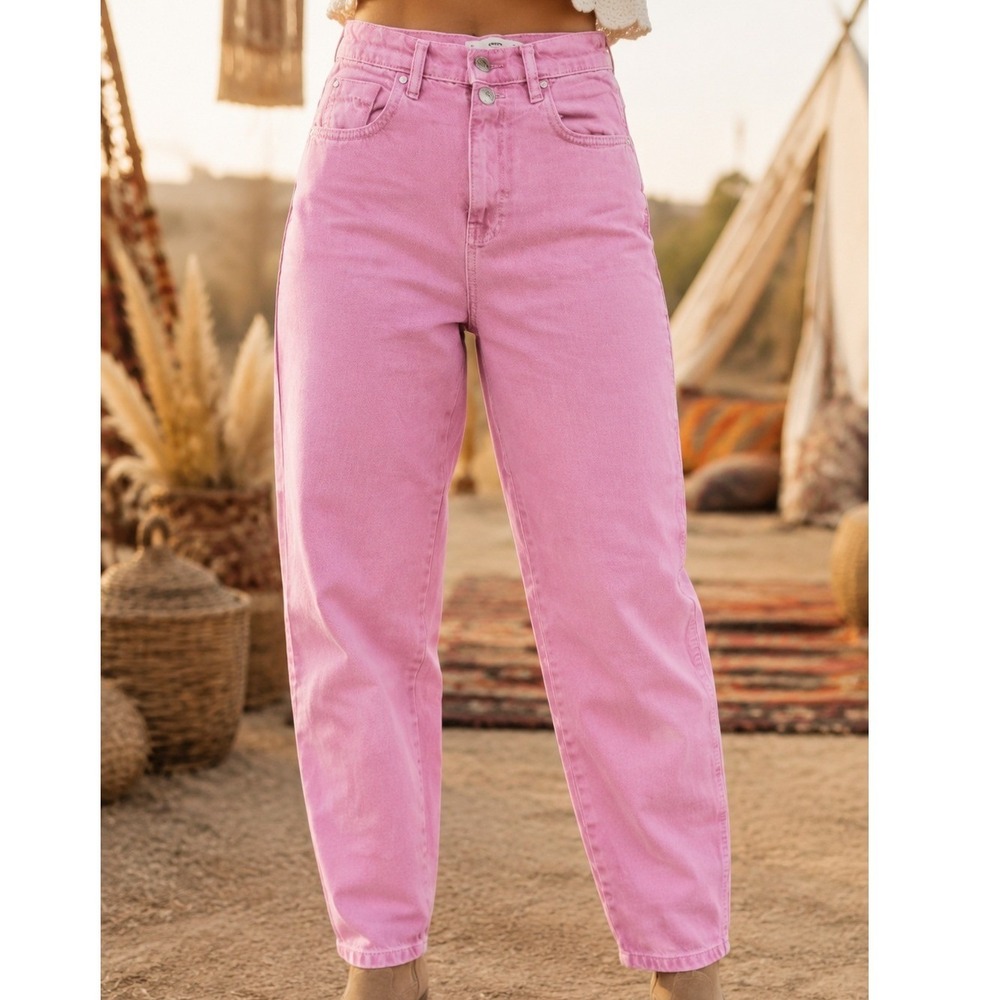 Mango Womens Pink High Waisted Tapered Leg Denim Jeans Relaxed Fit Size 2
